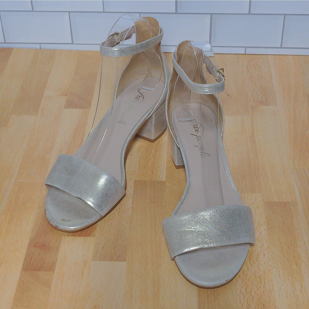Free People Marigold Sandal Ankle Block Heel Suede Leather Shimmer 38 (US 8)